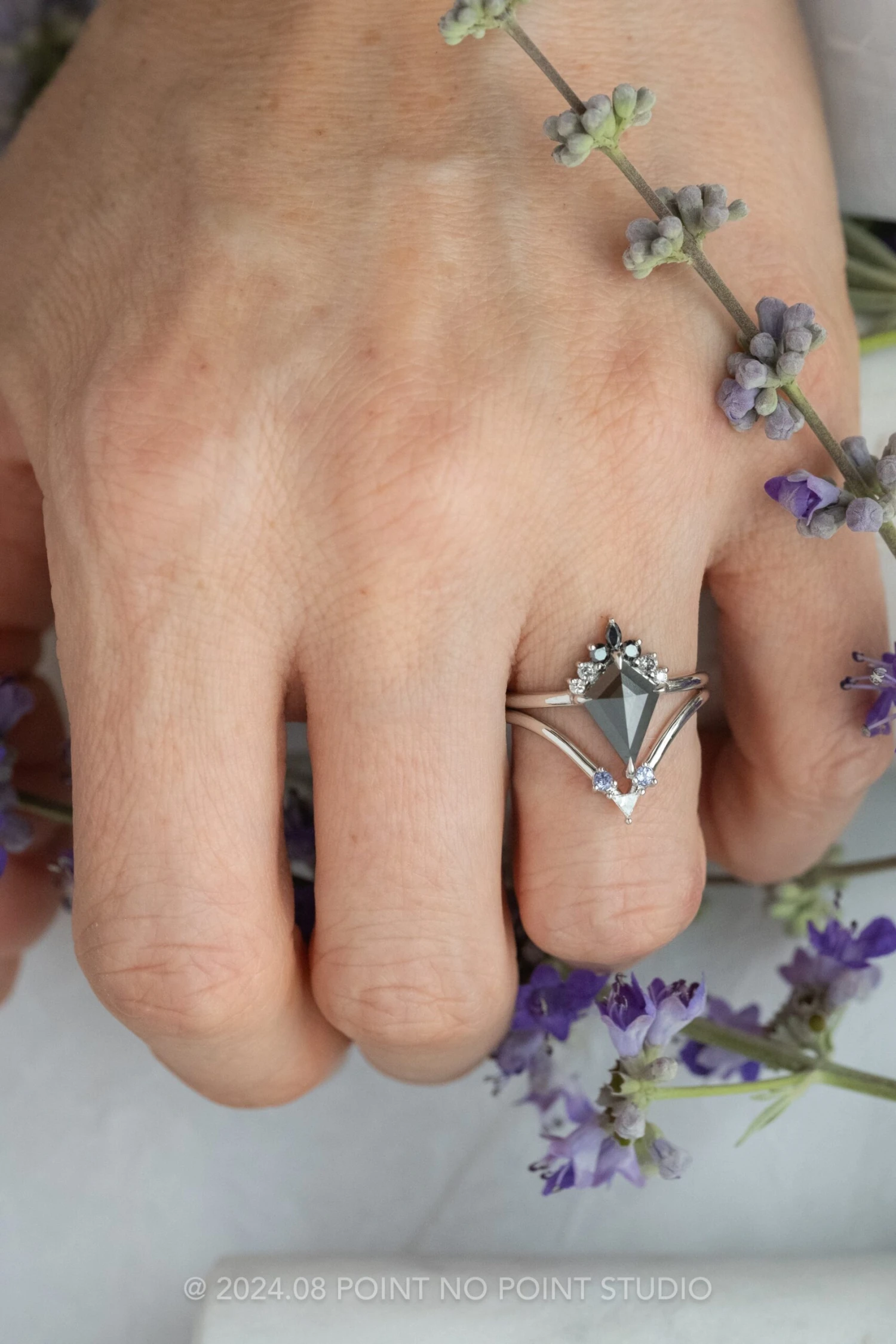 Triangle Diamond And Tanzanite Rounded Wedding Band, Vivian Setting, Platinum 2 Triangle Diamond And Tanzanite Rounded Wedding Band, Vivian Setting, Platinum - Image 2