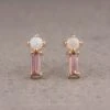 White Opal And Pink Tourmaline Studs, 14k Yellow Gold Earrings
