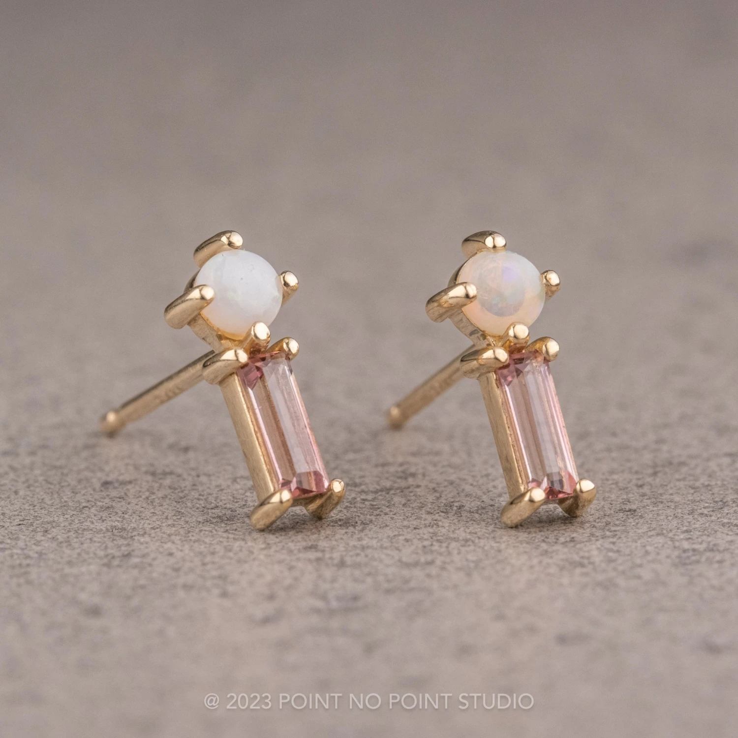 White Opal And Pink Tourmaline Studs, 14k Yellow Gold Earrings 4 White Opal And Pink Tourmaline Studs, 14k Yellow Gold Earrings - Image 4