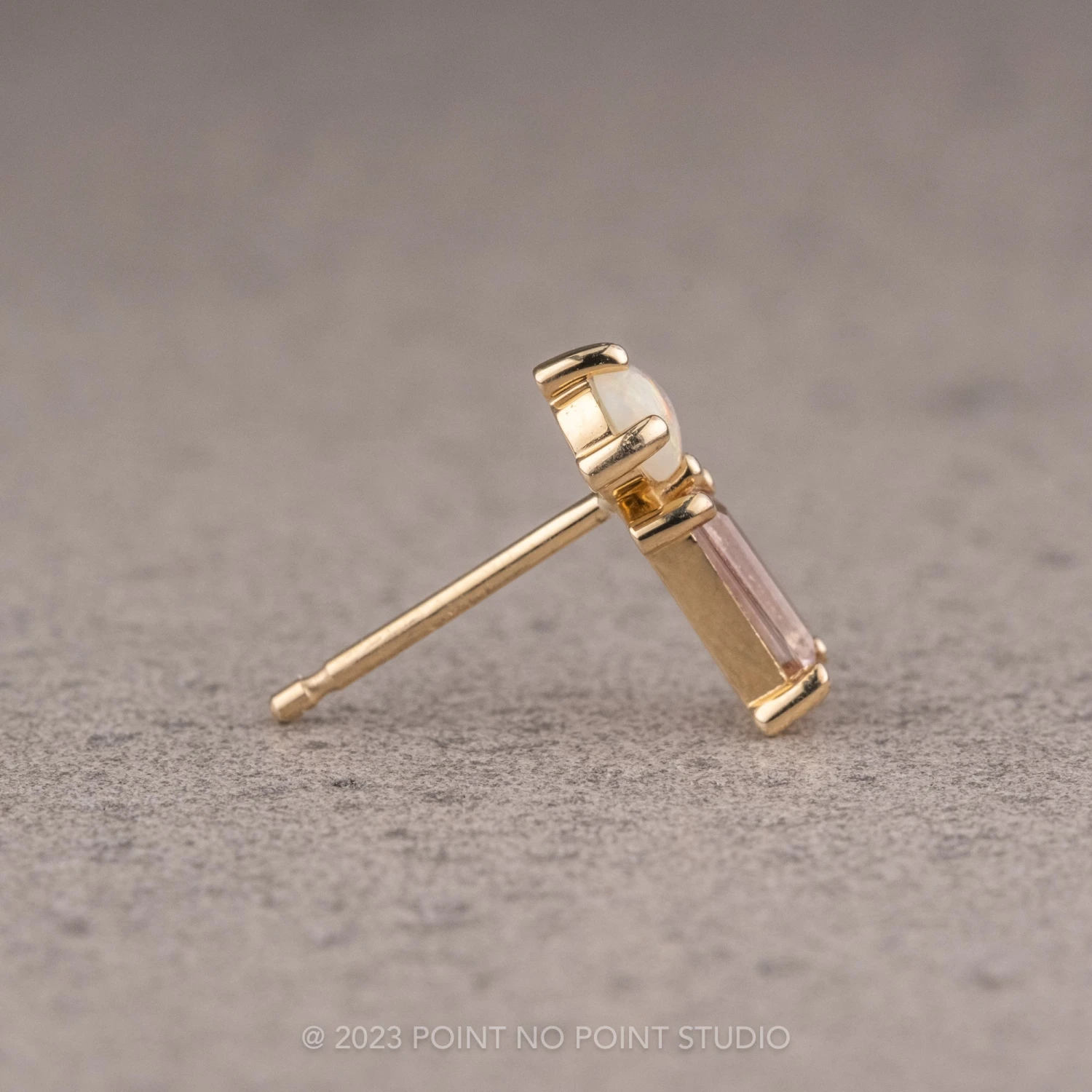 White Opal And Pink Tourmaline Studs, 14k Yellow Gold Earrings 5 White Opal And Pink Tourmaline Studs, 14k Yellow Gold Earrings - Image 5