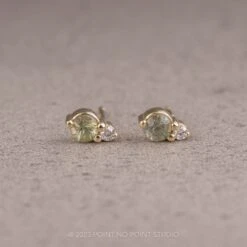 Green Sapphire And Diamond Studs, 14k Yellow Gold Earrings