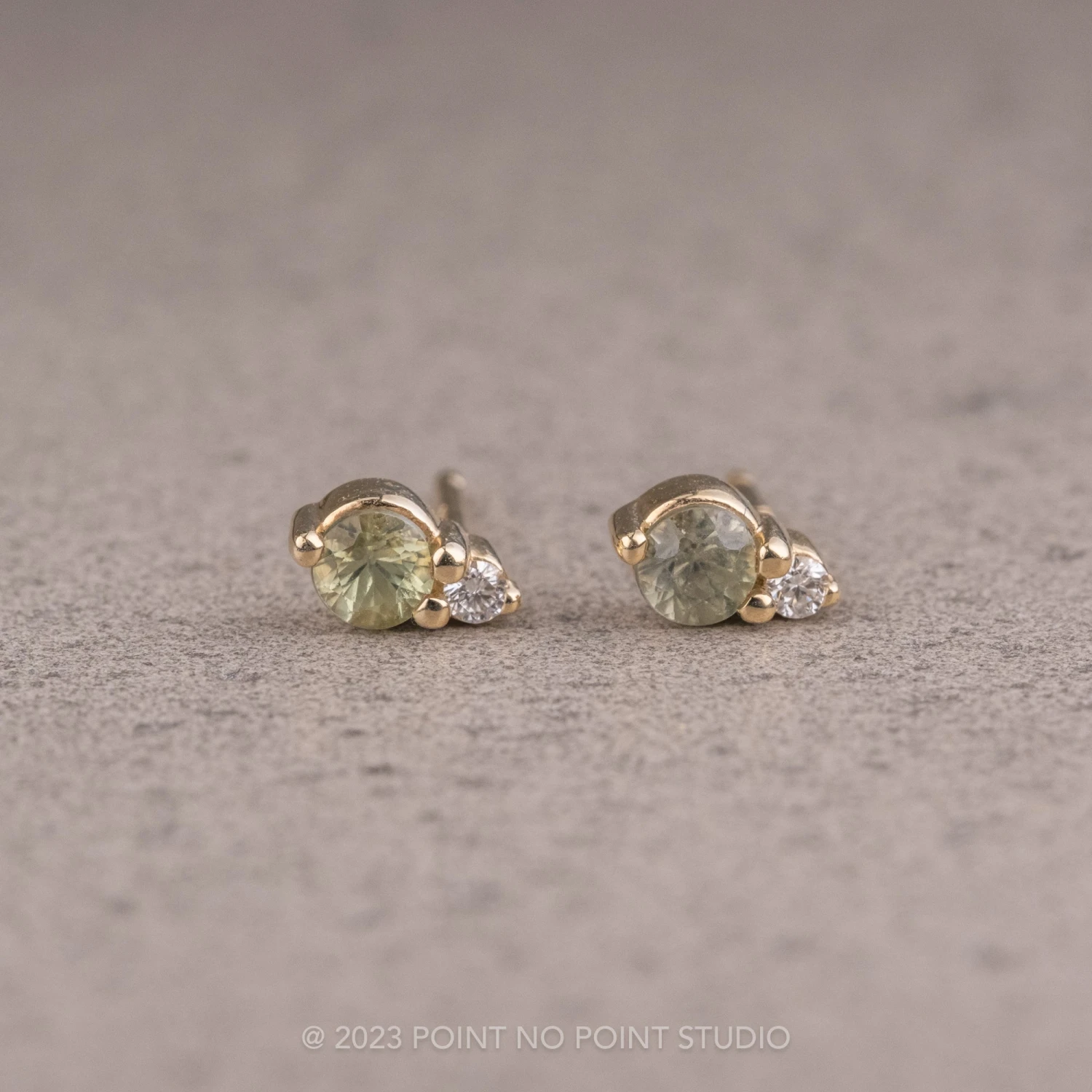 Green Sapphire And Diamond Studs, 14k Yellow Gold Earrings 1 Green Sapphire And Diamond Studs, 14k Yellow Gold Earrings