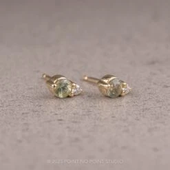 Green Sapphire And Diamond Studs, 14k Yellow Gold Earrings 8 Green Sapphire And Diamond Studs, 14k Yellow Gold Earrings -Point No Point Studio Store TAR52263 2