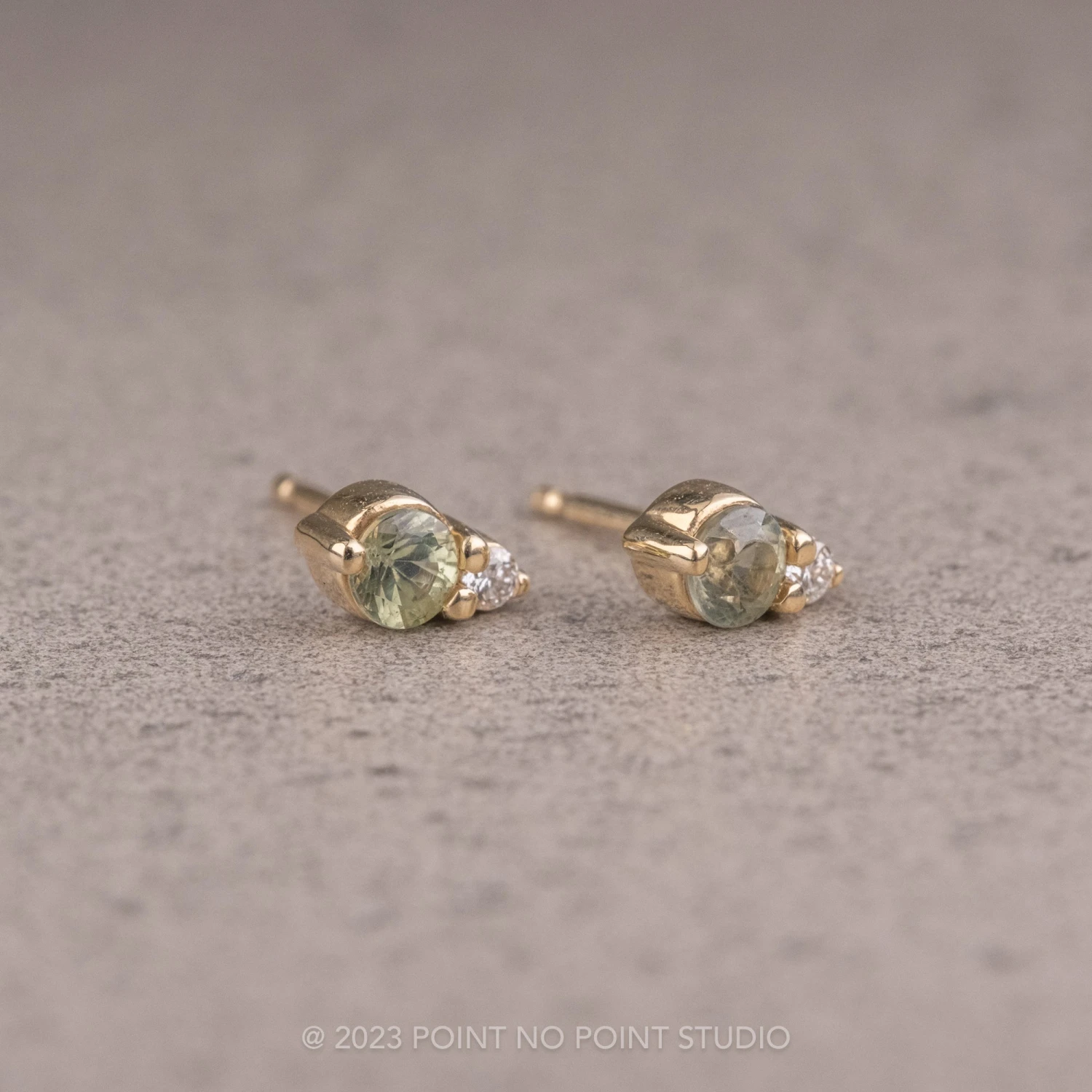 Green Sapphire And Diamond Studs, 14k Yellow Gold Earrings 4 Green Sapphire And Diamond Studs, 14k Yellow Gold Earrings - Image 4