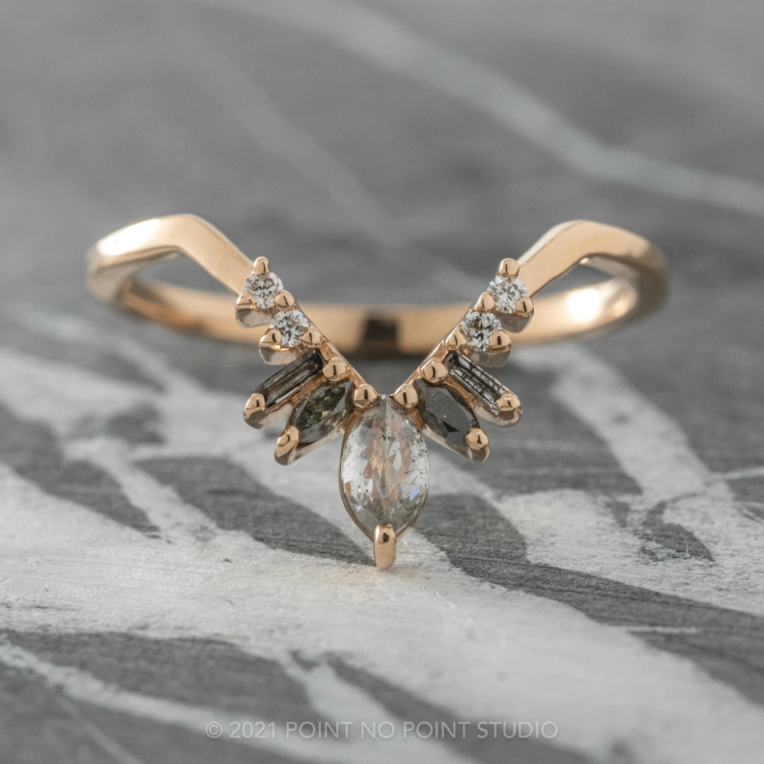 Salt And Pepper Marquise And Baguette Diamond Wedding Ring, Athena Setting, 14k Rose Gold 1 Salt And Pepper Marquise And Baguette Diamond Wedding Ring, Athena Setting, 14k Rose Gold