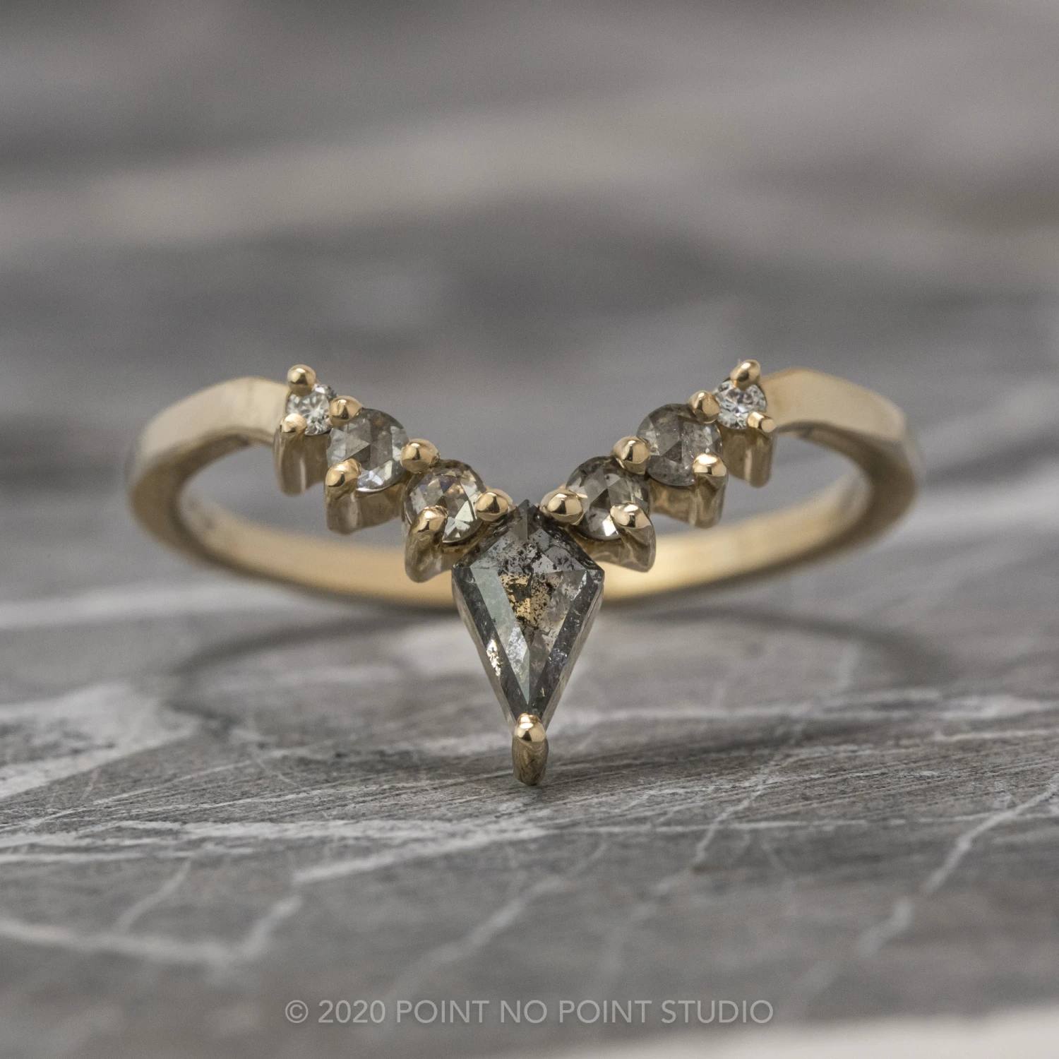 Salt And Pepper Rose Cut Diamond Wedding Band, Cassiopeia Setting, 14k Yellow Gold 1 Salt And Pepper Rose Cut Diamond Wedding Band, Cassiopeia Setting, 14k Yellow Gold