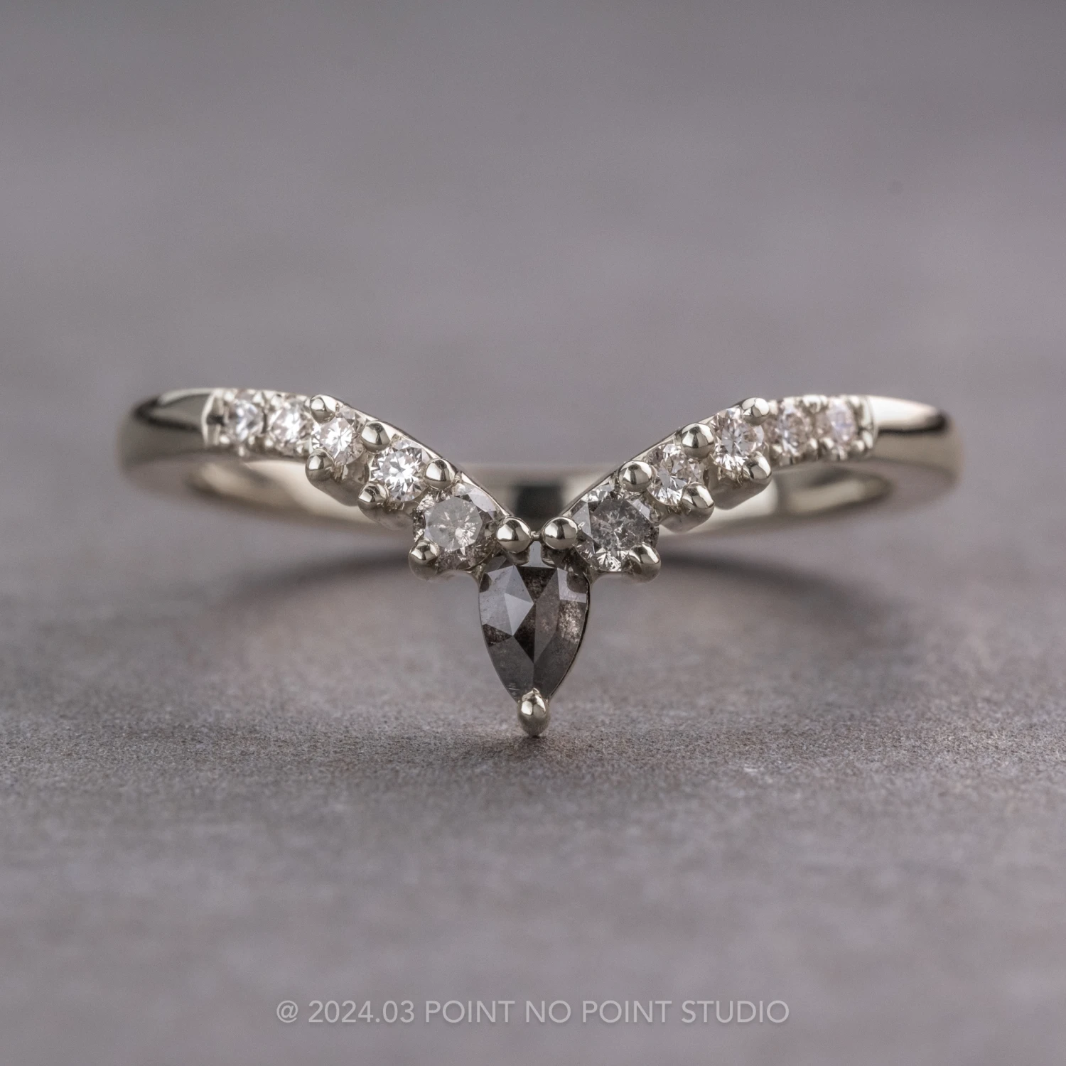 Salt And Pepper Pear And Extra Diamond Cassiopeia Wedding Band, 14k White Gold 1 Salt And Pepper Pear And Extra Diamond Cassiopeia Wedding Band, 14k White Gold