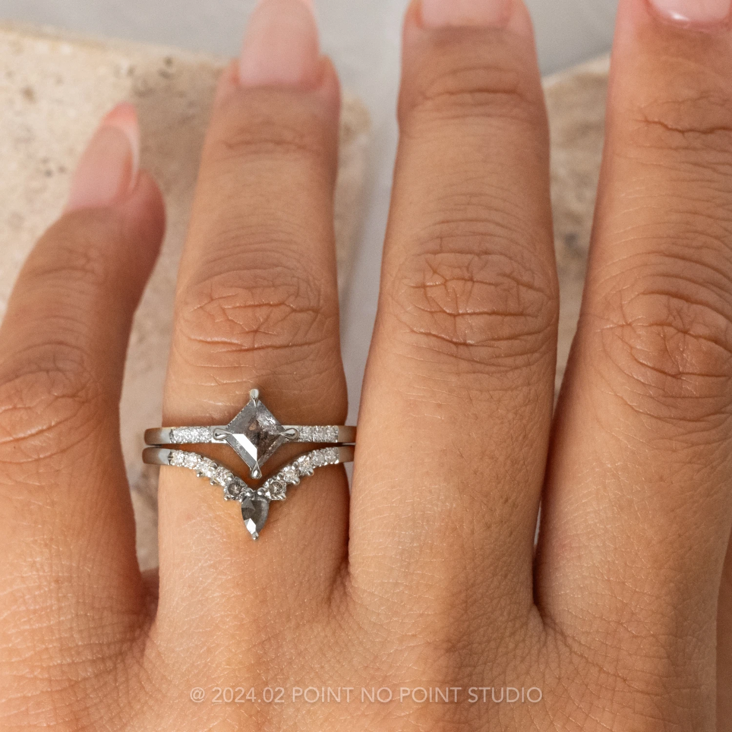 Salt And Pepper Pear And Extra Diamond Cassiopeia Wedding Band, 14k White Gold 3 Salt And Pepper Pear And Extra Diamond Cassiopeia Wedding Band, 14k White Gold - Image 3