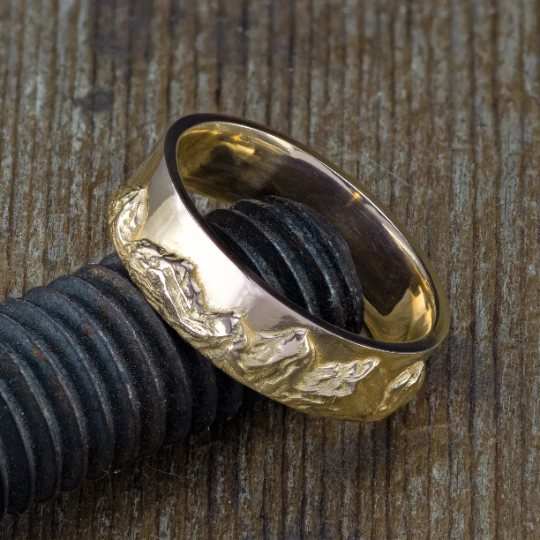 6mm Mountain Mens Wedding Ring, 14k Yellow Gold 3 6mm Mountain Mens Wedding Ring, 14k Yellow Gold - Image 3