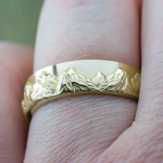 6mm Mountain Mens Wedding Ring, 14k Yellow Gold 2 6mm Mountain Mens Wedding Ring, 14k Yellow Gold - Image 2